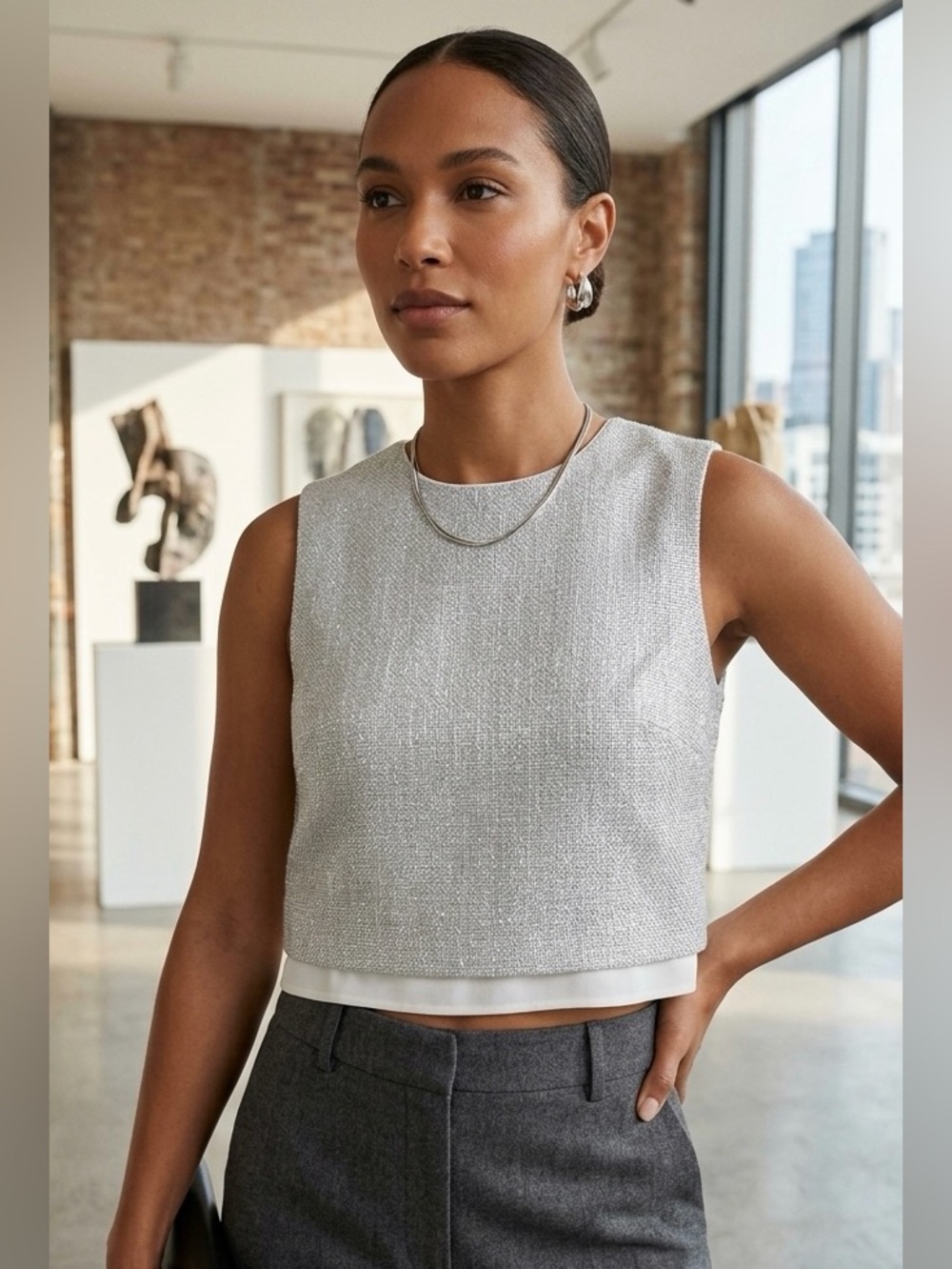 A.L.C. Daisy Silver Metallic Woven Layered Crop Top Shell Tank Size 4